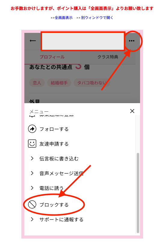 ワクワクメールのプロフィールメニューにあるブロック・通報項目